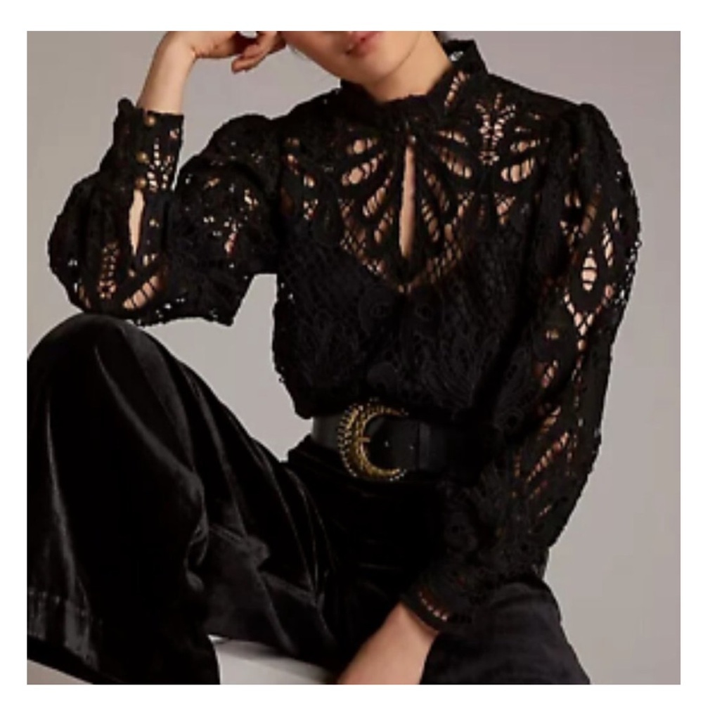 Anthropologie Black Embroidered Lace Top size L LARGE
